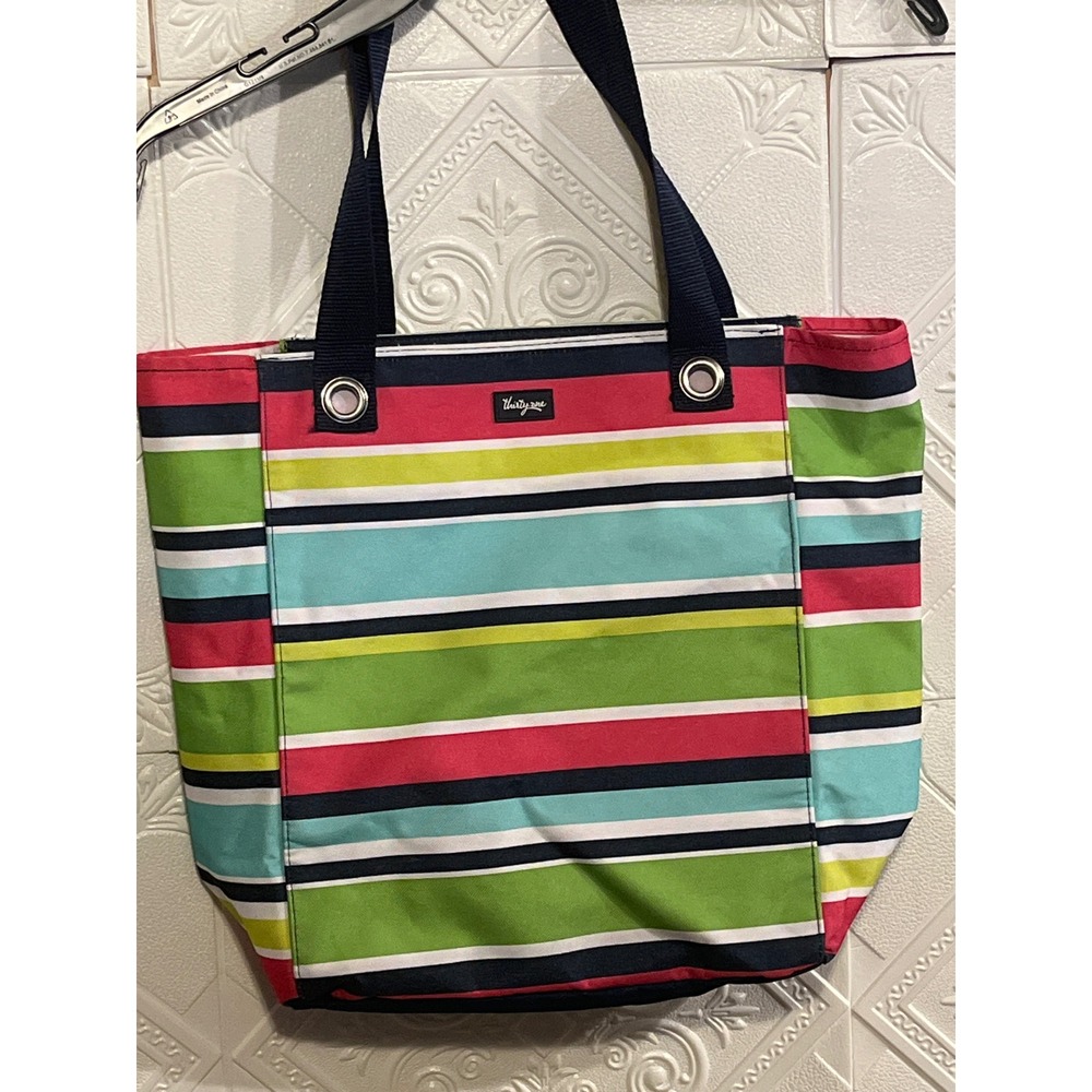 Thirty One Tote Bag Multicolor Striped Canvas Shoulder Bag Zip Top Navy‎